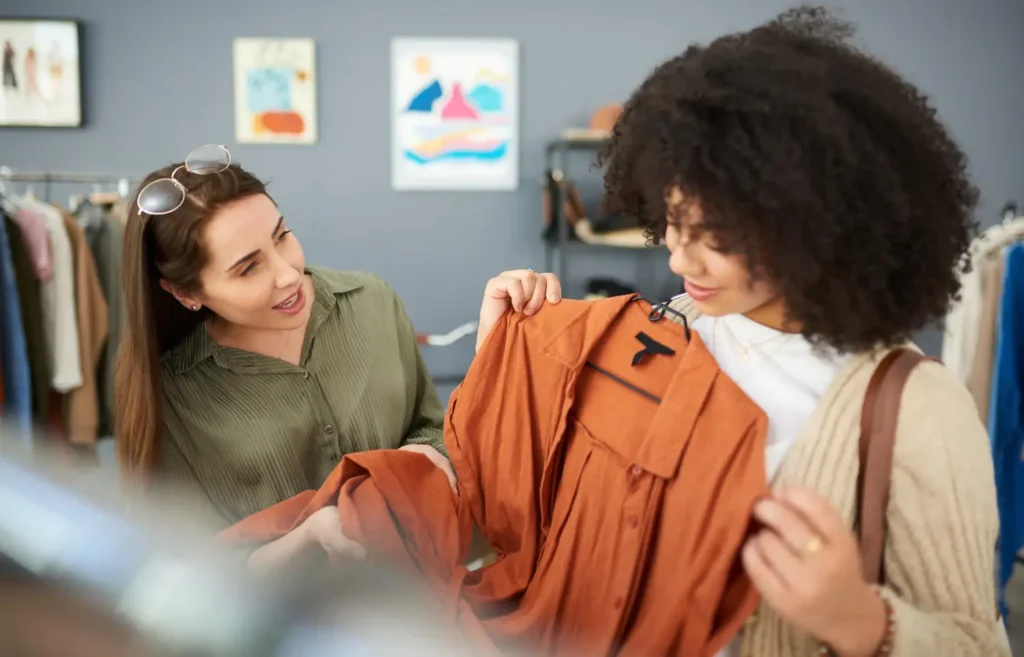 O perfil do consumidor da moda é muito importante para a confecção. Na foto, cliente comprando um casaco com uma vendedora.