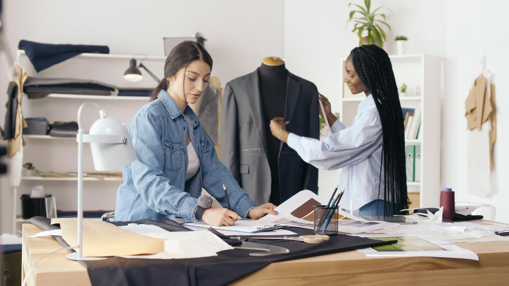 Production terms: two fashion professionals working in a studio.