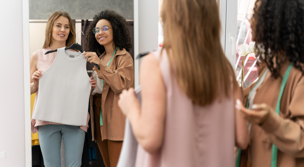 Types of consumers: two women shopping and trying on clothes in front of a mirror.