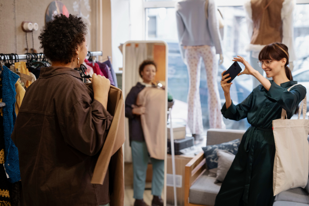 Types of consumers: two women trying on outfits, looking in the mirror, and taking a photo.