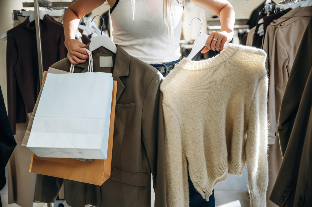 Types of consumers: a woman shopping with several items in her hands.