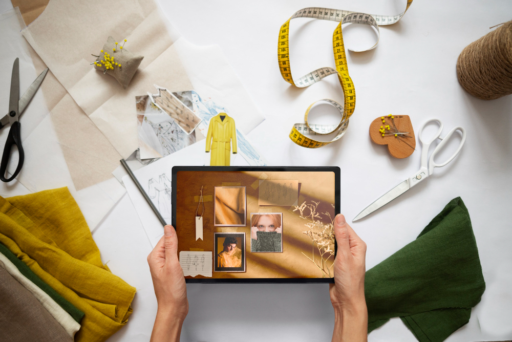 AI drawing: a fashion studio desk with trend research displayed on a tablet.