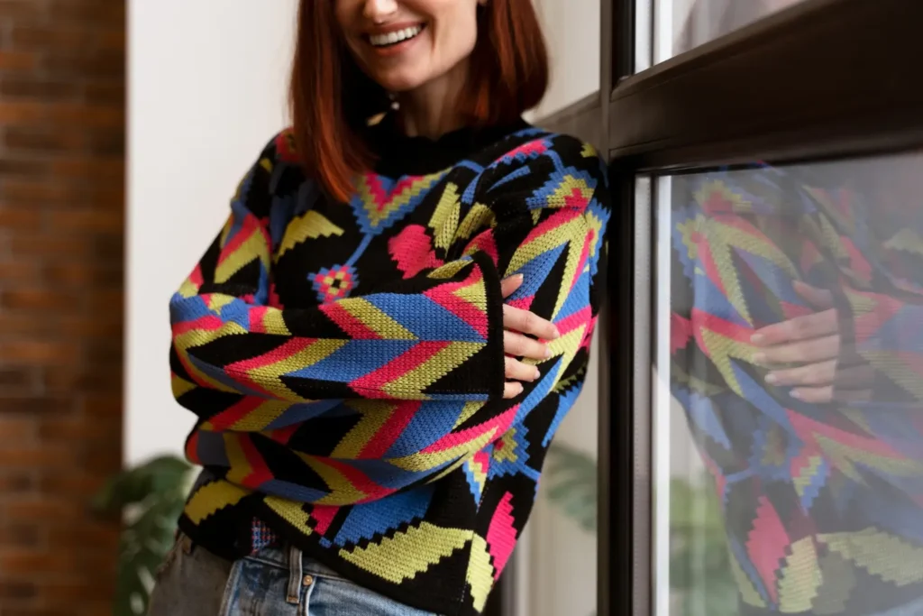 Mulher sorrindo usando um su&eacute;ter colorido com estampa geom&eacute;trica.