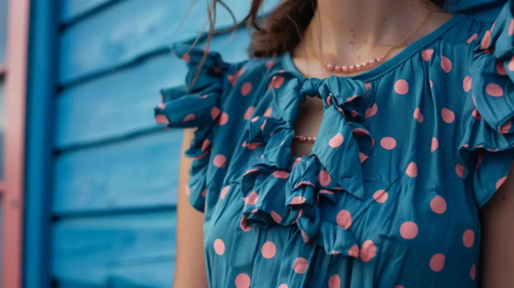 Zoom em uma blusa azul com poás em cor de rosa.