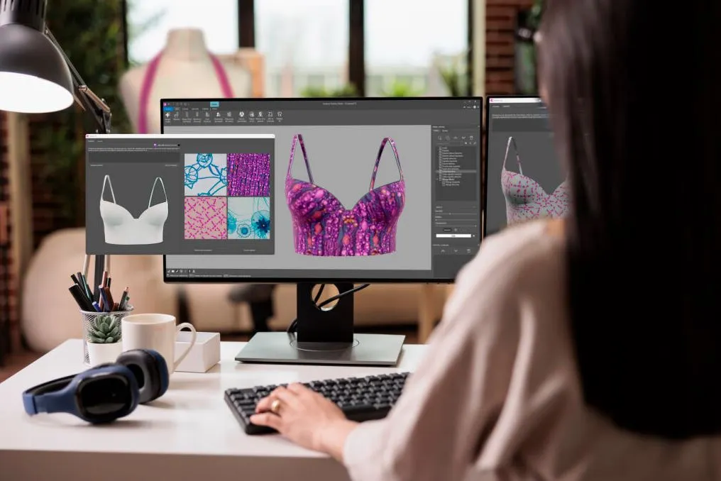 Garment manufacturing: a fashion designer creating designs in 3D on a computer.