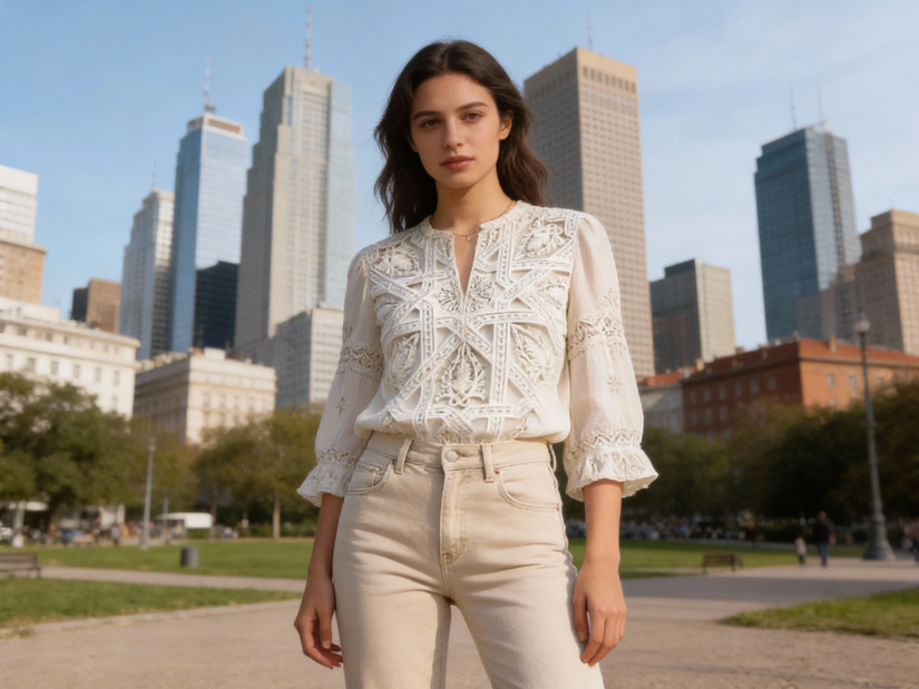 Laser cut fabric: a model wearing a white blouse with intricate detailing.