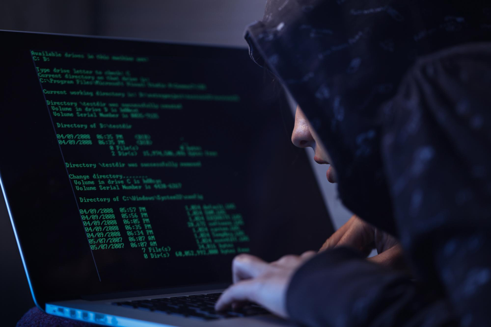 Software piracy: a hacker using a laptop.