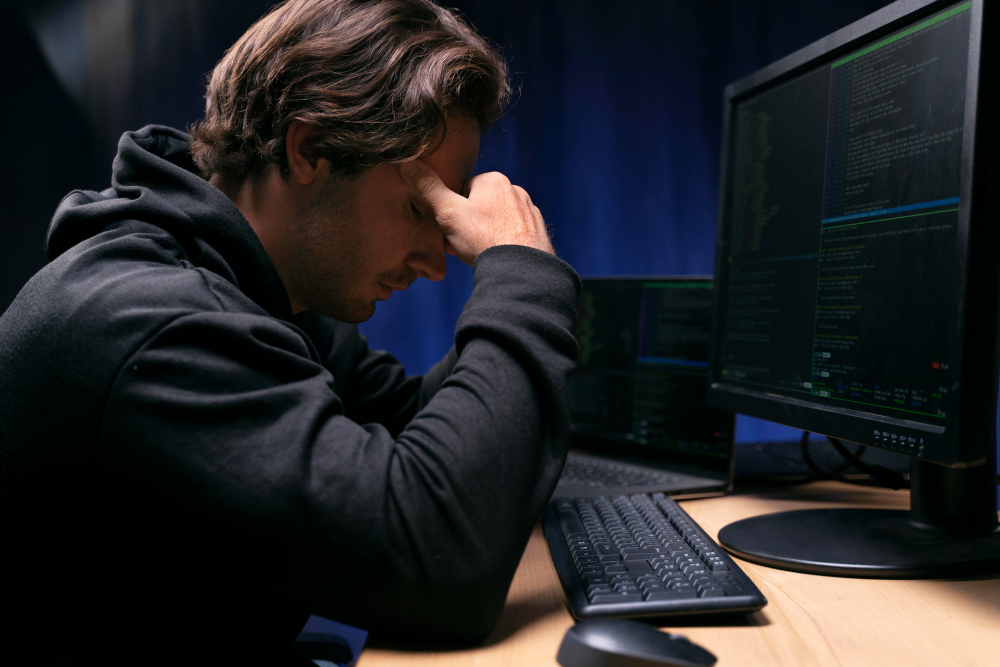 Software piracy: a man in front of an infected computer.