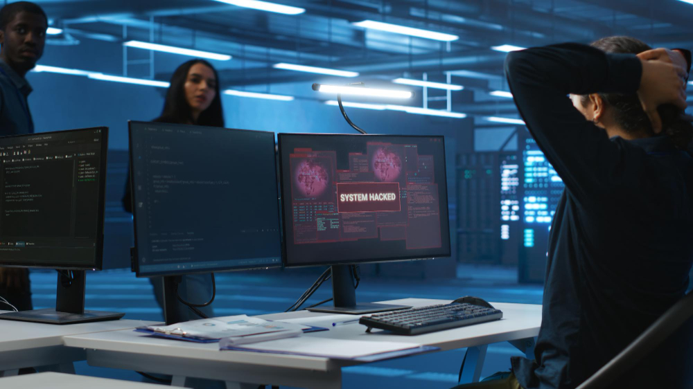 Software piracy: a workplace with an infected computer.