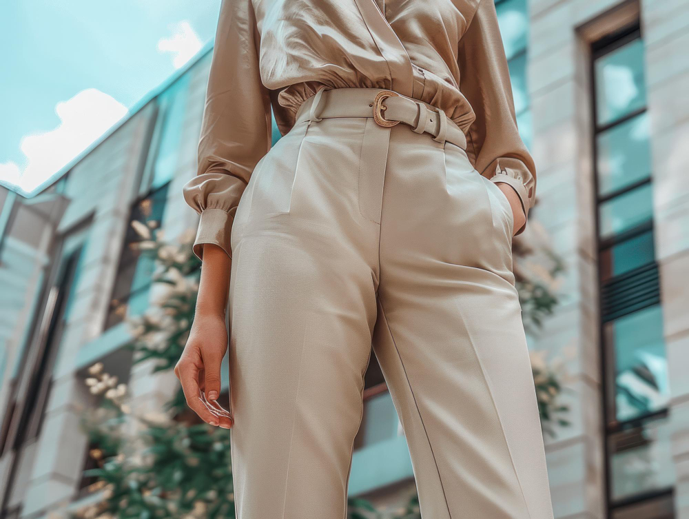 Types of waistbands: a woman wearing light-colored high-waisted dress pants.