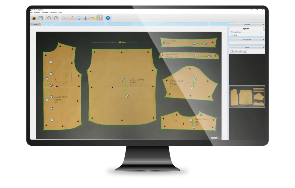 Interface do Audaces Digiflash, onde &eacute; poss&iacute;vel digitalizar um desenho e identificar cada detalhe.