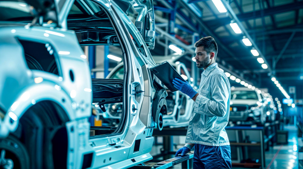 Global automotive industry: a professional working on a car manufacturing production line.