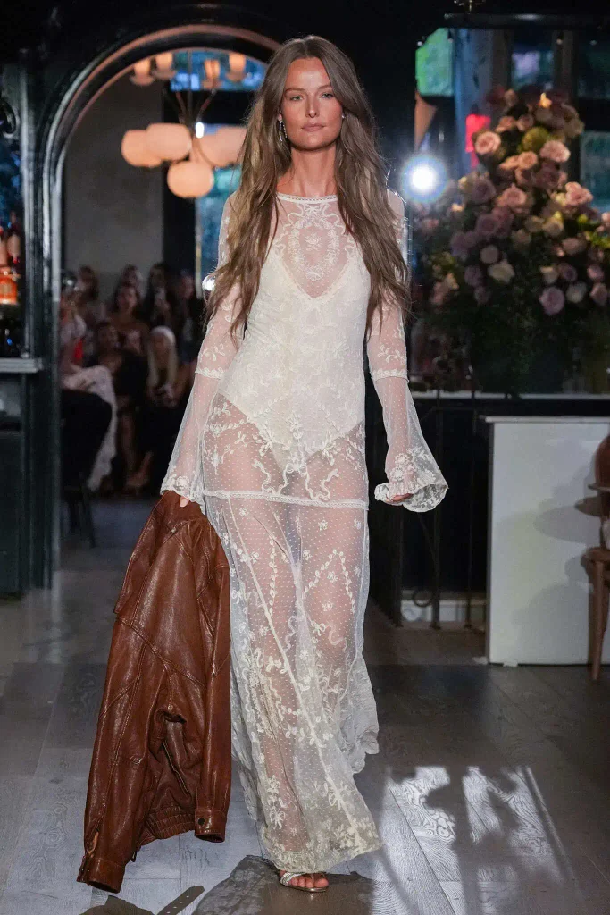 tendencias primavera verano 2027: modelo desfilando con vestido blanco transparente