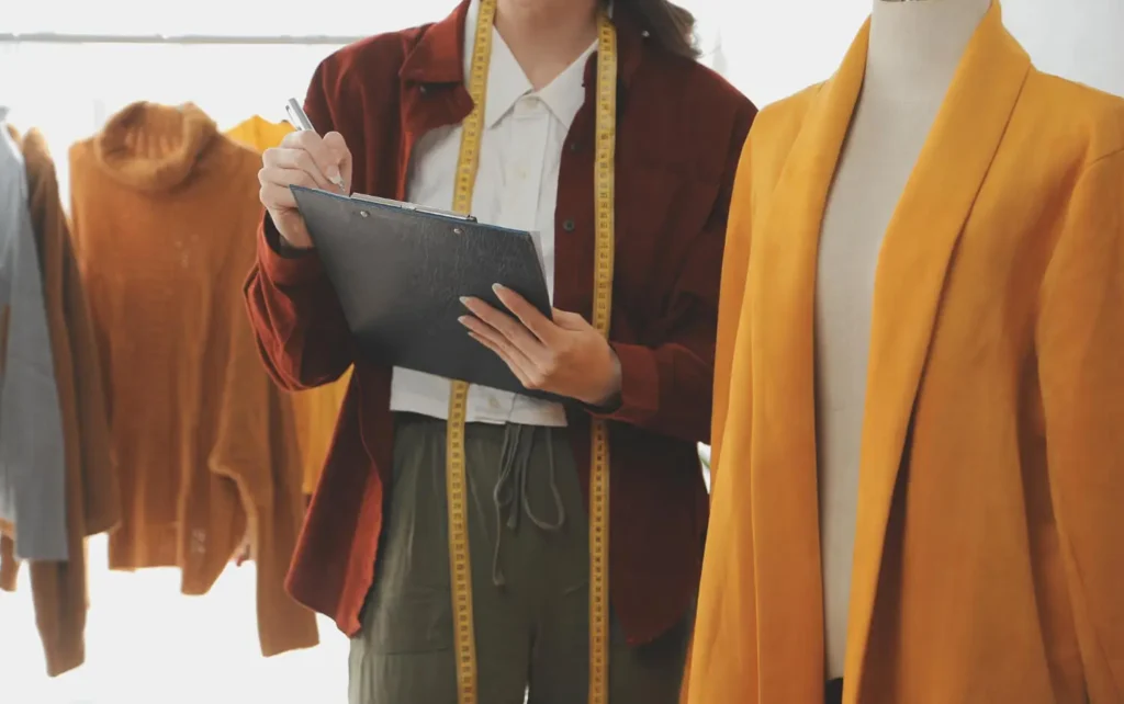 Calendario de moda: mujer con un calendario en un taller de moda