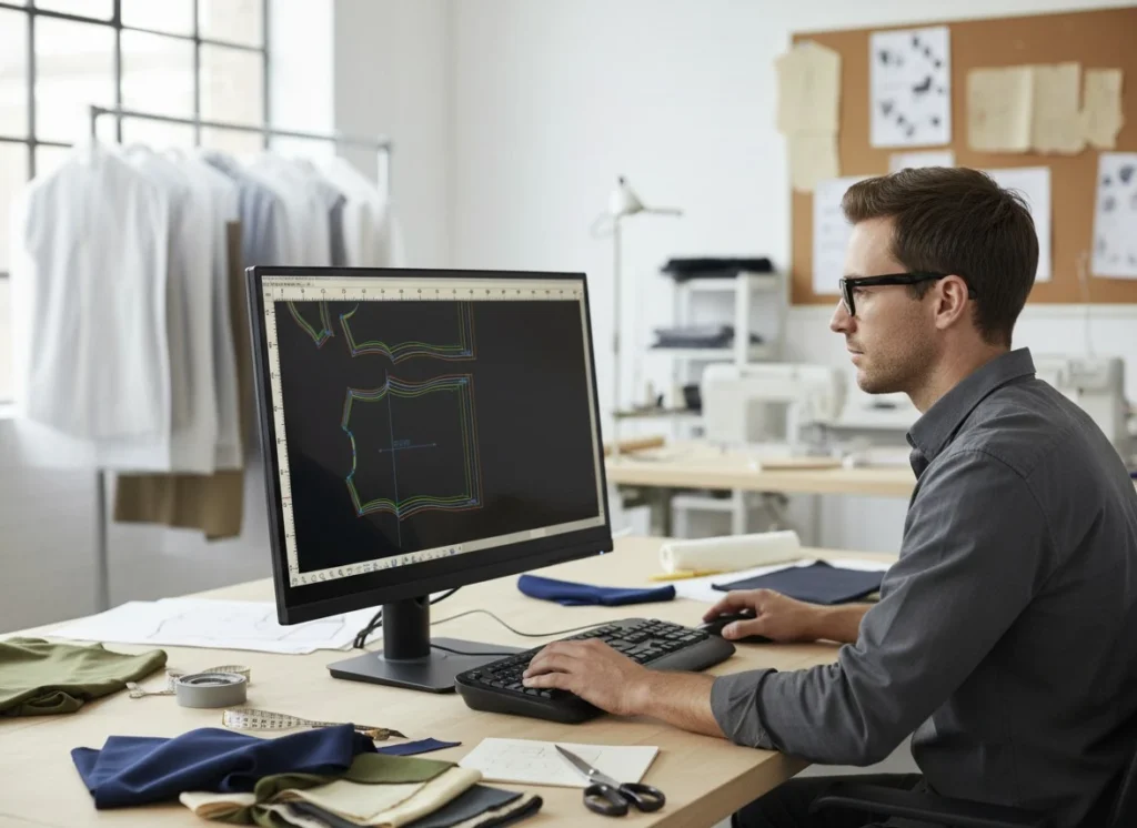 CAD software for pattern making: a pattern maker creating digital patterns in a fashion studio.