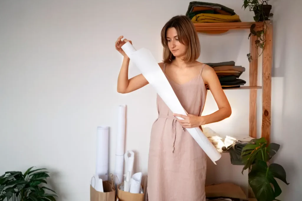 Estilista contemplando um rolo de papel pensando sobre sustentabilidade.