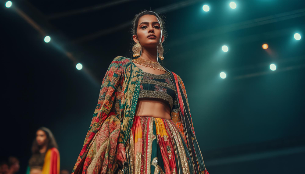 Famous fashion designers in India: a model wearing a colorful outfit on the runway.