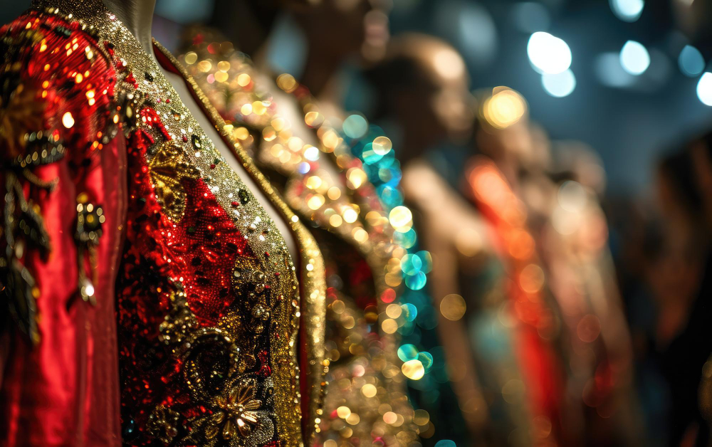 Famous fashion designers in India: embroidered details on women&rsquo;s dresses.