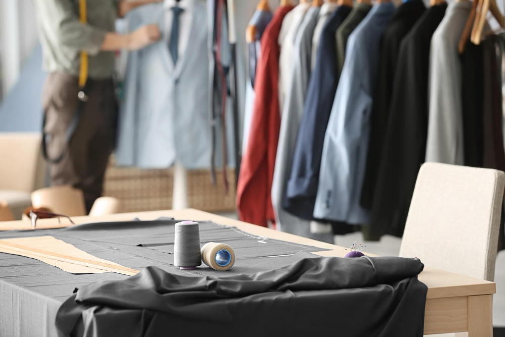 A menswear garment manufacturing factory environment.