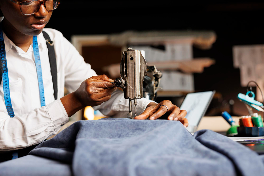 A woman cutting fabric in a garment manufacturing factory.