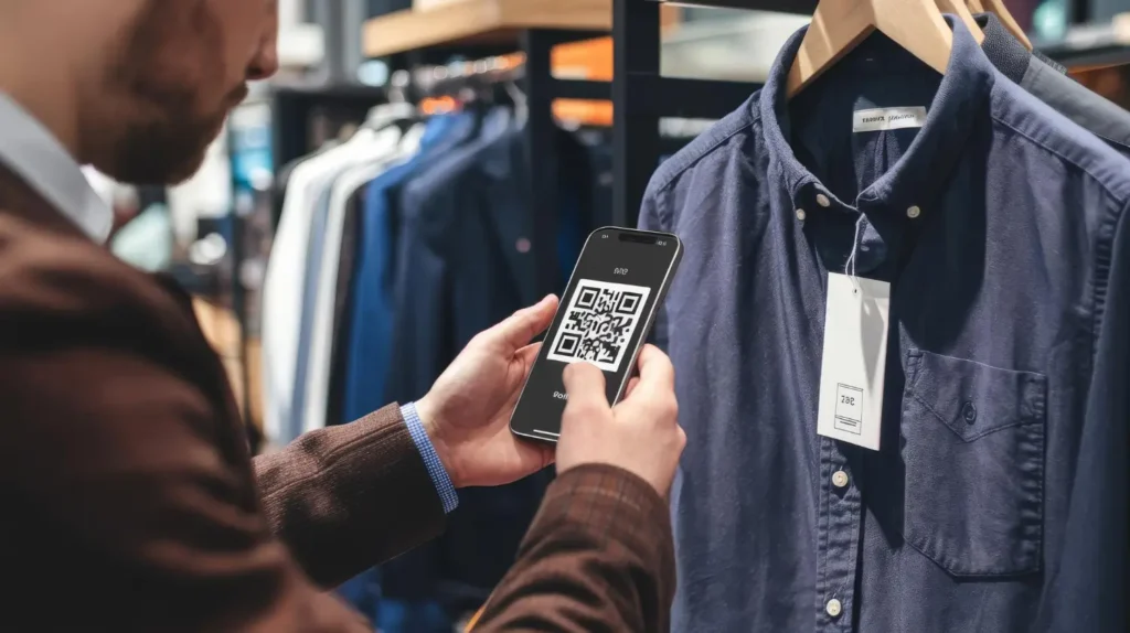 Escaneando o passaporte digital de produtos em uma camisa jeans