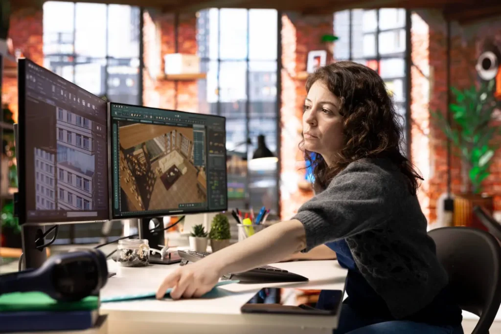 Tendencias en muebles: mujer creando muebles desde una computadora