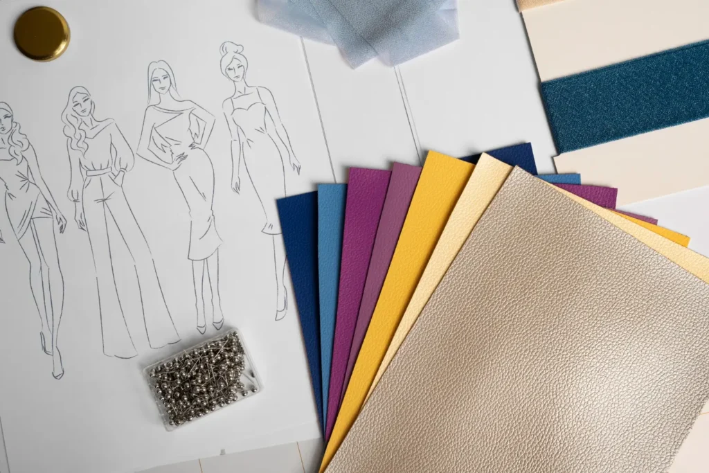 Desenho de moda ao lado de amostras de tecido em couro.