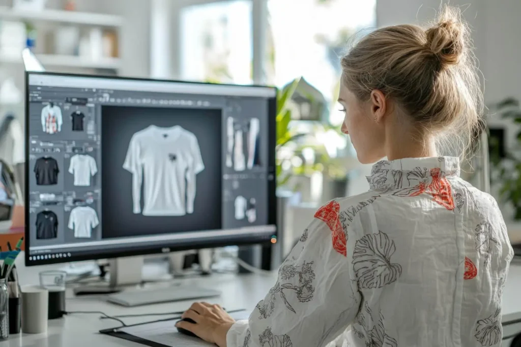 Diseñar camisetas online 3d: mujer diseñando una camiseta desde la computadora