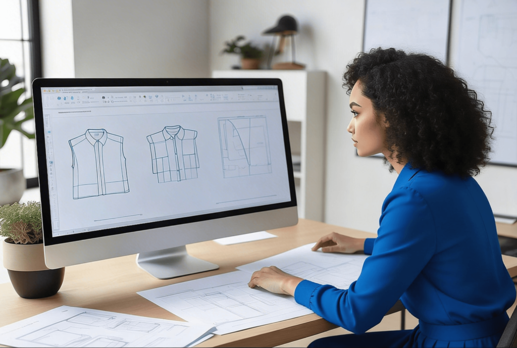 Dibujos de patrones: mujer mirando patrones en una computadora