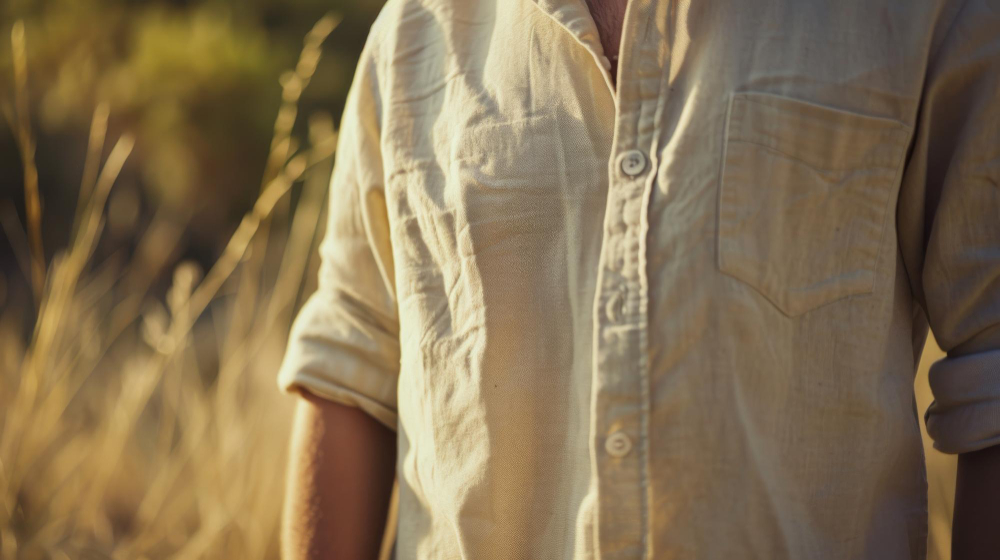 A men’s shirt in a natural tone made from hemp fabric.
