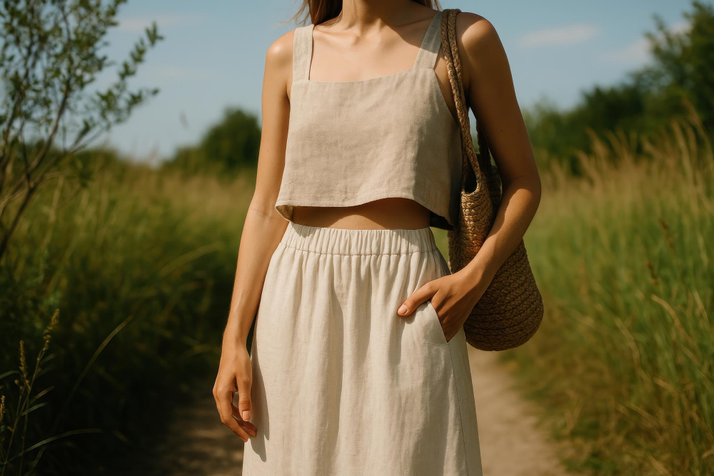 A woman wearing clothing in natural tones made from hemp fabric.