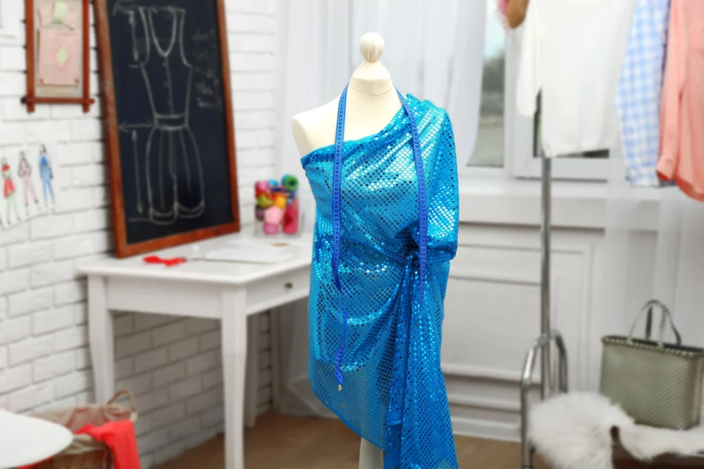 tipos de ropa: vestido azul de lentejuelas en un maniqu&iacute; de un taller de ropas. 