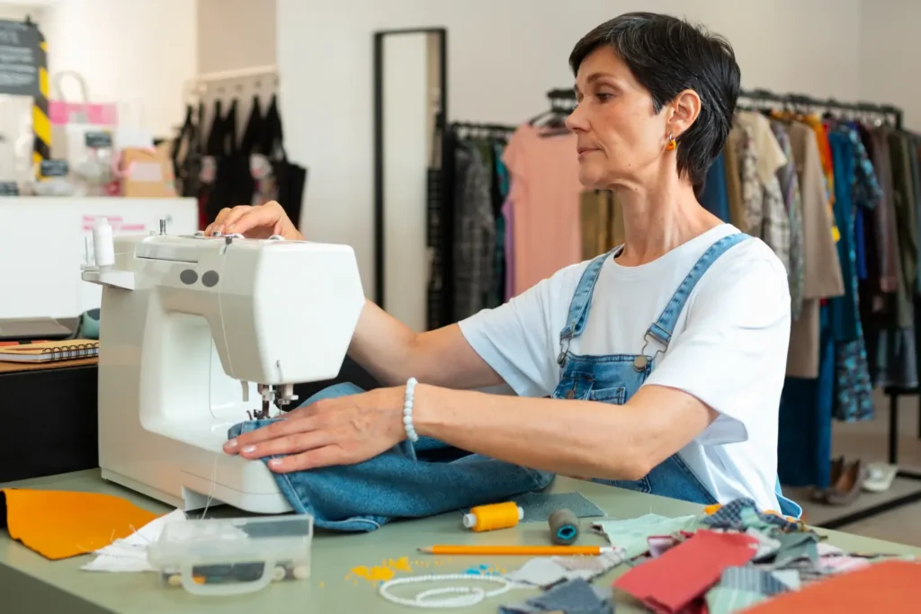 Mulher que sabe como costurar roupa costurando jeans em uma máquina.