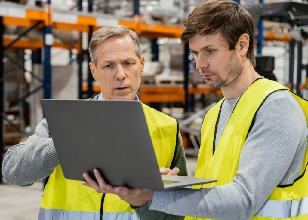 Professionals handling production management on a notebook, wearing PPE.