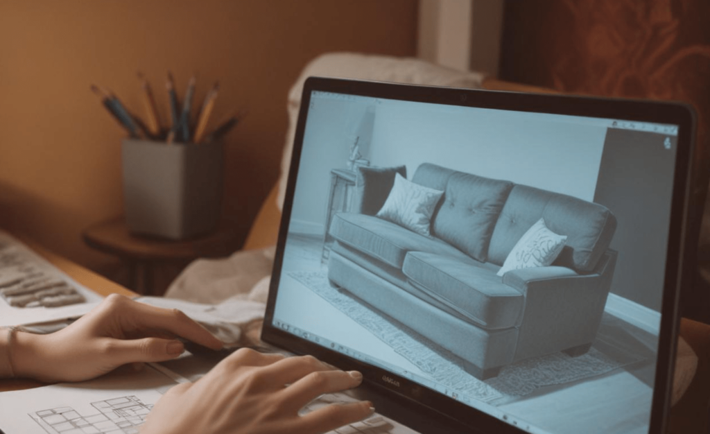 Donna che progetta un divano in un programma di progettazione di mobili