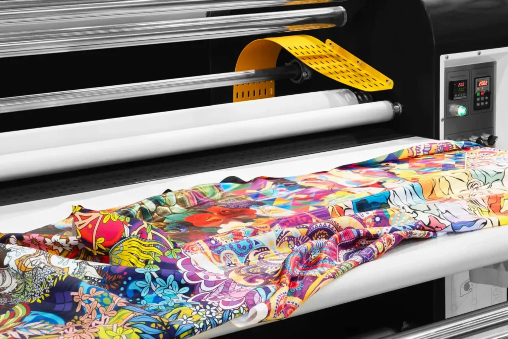 impresi&oacute;n textil: tela con estampado de colores siendo impresa por una m&aacute;quina