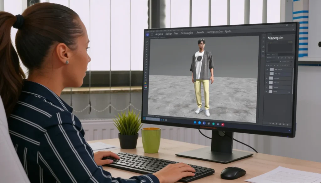 Modelista simulando um look com CAD 3D