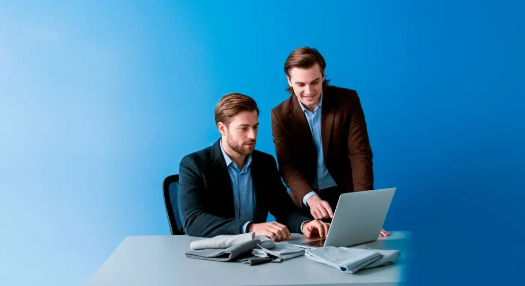 Estilistas usando um notebook e IA para criar roupas