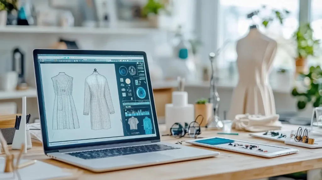 ropa 3D: computadora con diseños digitales en un taller de ropas