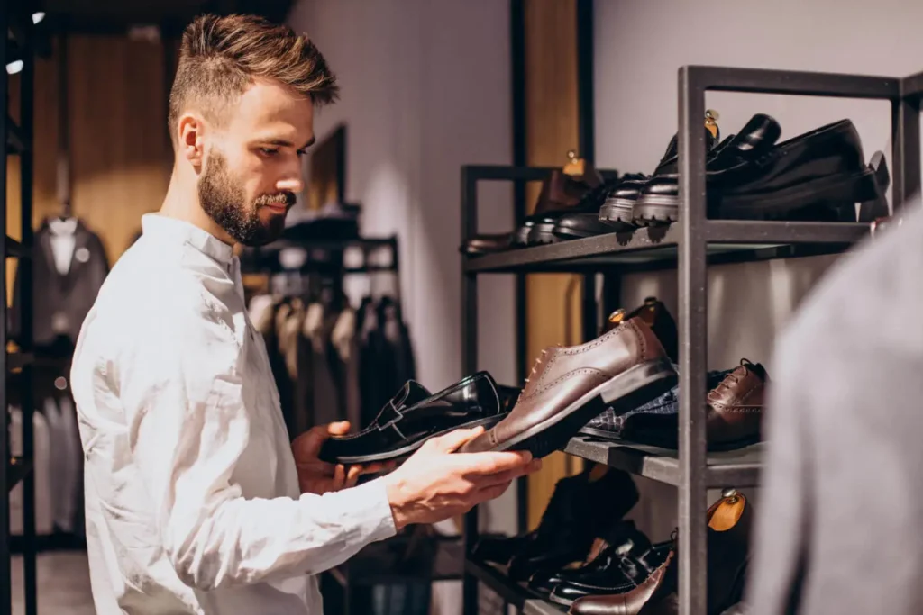 fabricaci&oacute;n calzado: hombre eligiendo zapatos