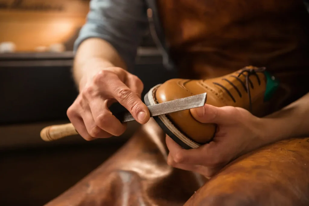 Shoe manufacturing: person making a shoe