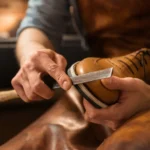 Shoe manufacturing: person making a shoe