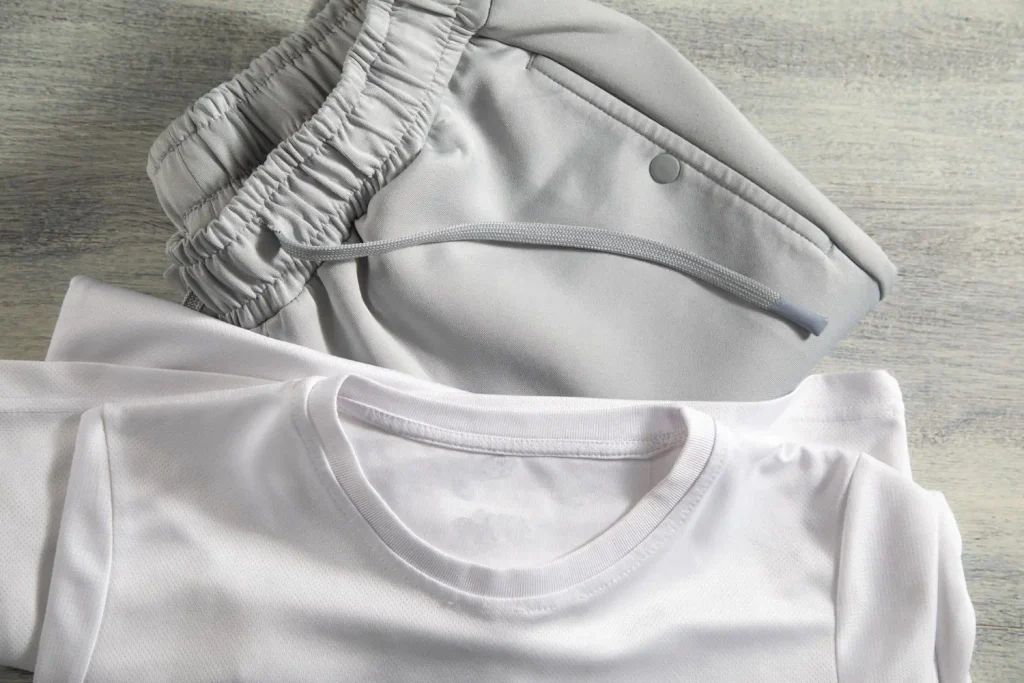 Calça de moletom branca e camiseta branca, roupas que geralmente tem tecido poliéster na composição.