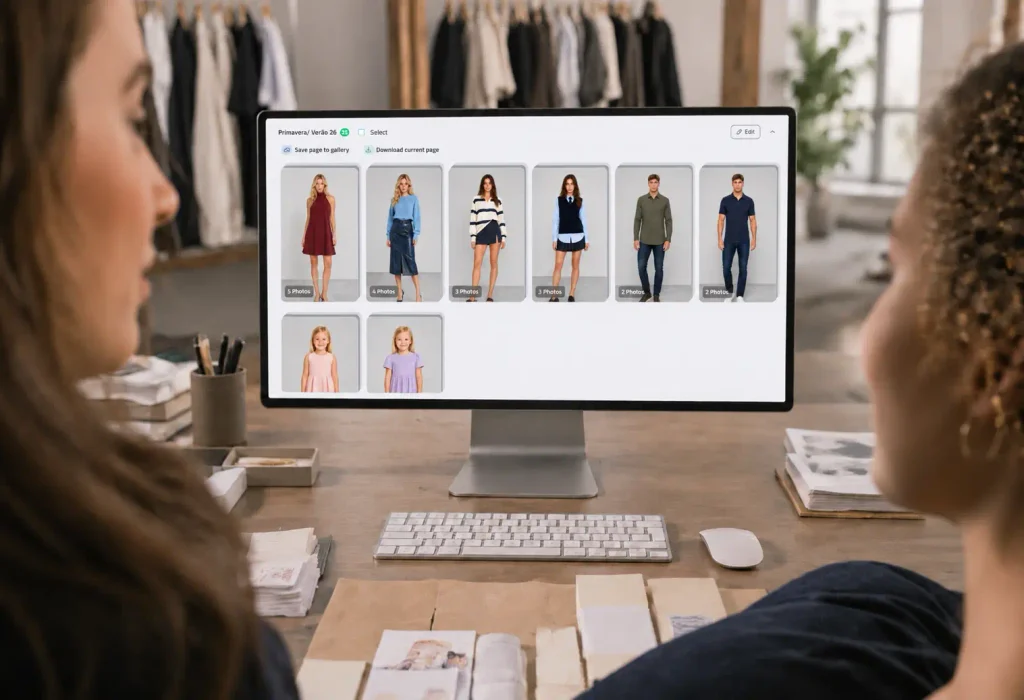 Duas profissionais usando o Clickfy.ai, plataforma para gerar imagens de moda para catálogos, lookbooks e e-commerce.