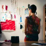 dise&ntilde;adores de moda peruanos: una mujer mirando un cuadro de dise&ntilde;os de moda