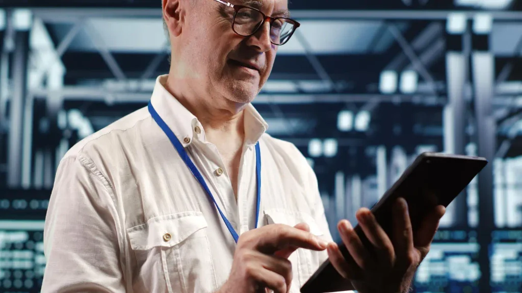 Homem usando tablet em uma f&aacute;brica.
