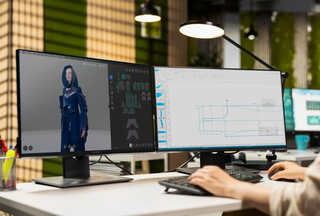 Modelista fazendo molde para costura no Audaces Moldes e simulando no Audaces 3D.